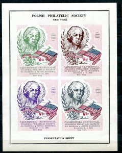 Polish Philatelic Society New York Presentation sheet 1960 Paderewski Imp 11788