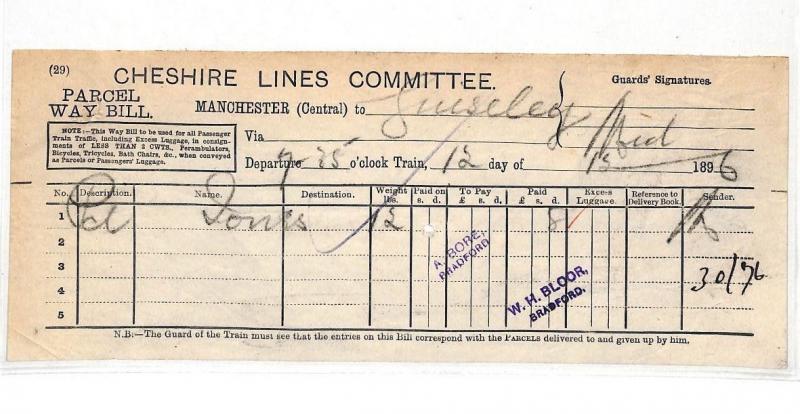 HL234 1896 GB RAILWAY *Cheshire Lines Committee* Manchester Parcel Way Bill