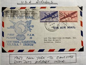 1947 New York USA Airmail First Flight Cover FFC To Calcutta India FAM 18