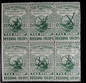 State of California Feeding Stuffs Agriculture Tax Stamp 100 lbs. Block of 6