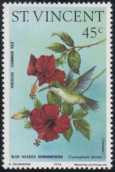 St. Vincent 1976 MNH Sc 468 45c Red hibiscus, Blue-headed hummingbird