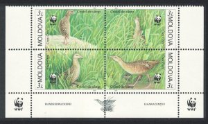 Moldova Endangered Species Corncrake Bird 4v Bottom Block of 4 WWF Logo 2001