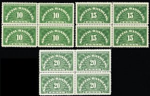 QE1-3, Mint VF NH Blocks of Four CV $79.00
