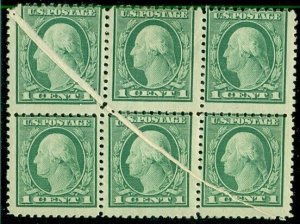 US #498, 1¢ green, Block of 6 w/PRE-PRINTED PAPER FOLD ERROR, hinged,