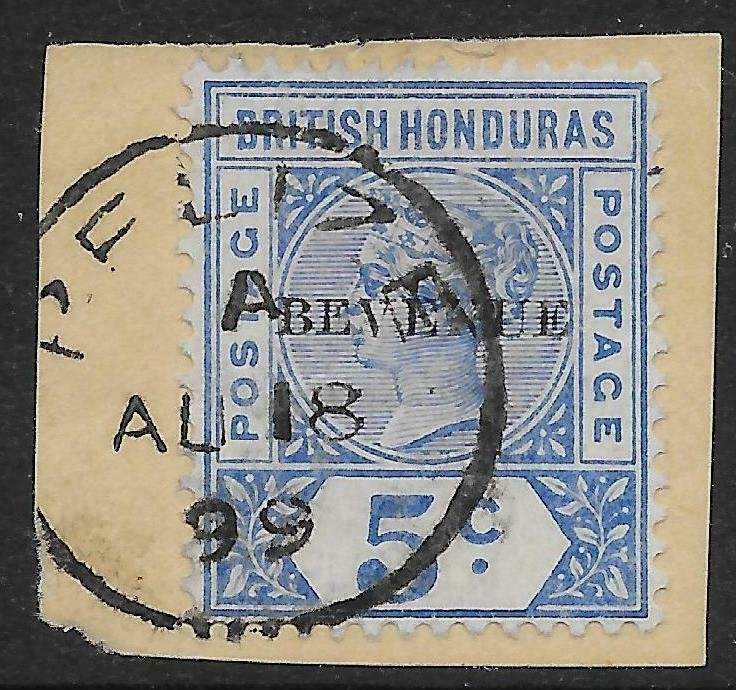 BRITISH HONDURAS SG66a 1899 5c ULTRAMARINE BEVENUE VAR USED ON PIECE