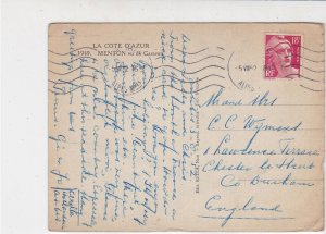 France La Cote D'Azure 1952 Stamps Scenic Picture Post Card to England Ref 32107