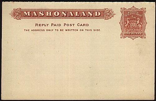 RHODESIA MASHONALAND 1d+1d reply postcard fine unused......................19168