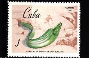 CUBA Sc# 1275  MARINE LIFE underwater fishing GREEN MORAY FISH 1c  1967  MNH