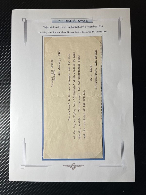 1938 Great Britain Calpurnia Crash Cover Southampton to Adelaide Australia