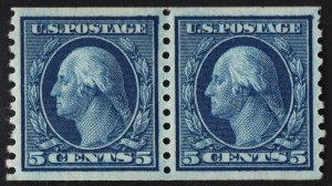 US #458 5c Blue Washington Coil Pair MINT HINGED SCV $67.5