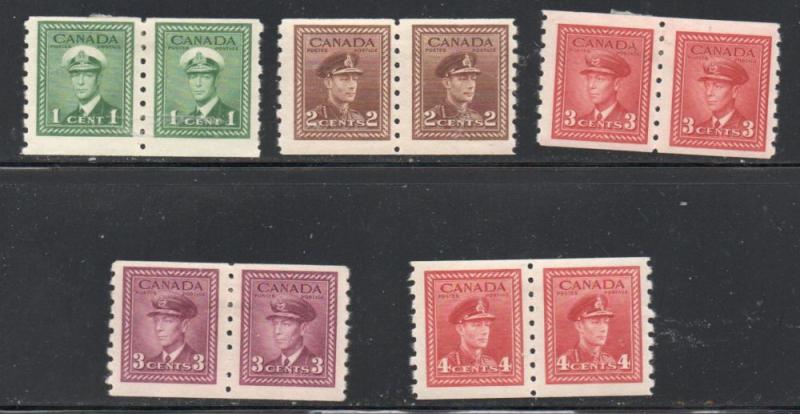 Canada Sc 263-67 1942 G VI War Issue coil stamp pairs set mint