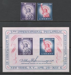 United States 1956 5th Intl Philatelic Exhibit Scott # 1075 & 1075a - 1075b MNH