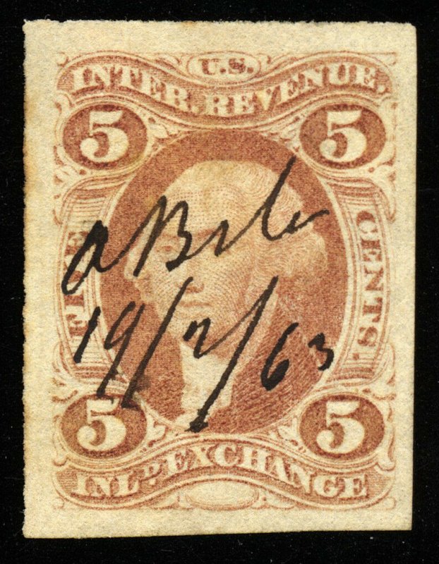 B465 U.S. Revenue Scott R27a 5c Inland Exchange imperforate, XF, manuscript cxl