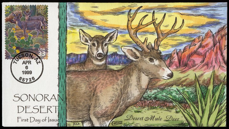 Collins Handpainted FDC Sonoran Desert: Desert Mule Deer (4/6/1999)