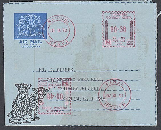 KENYA UGANDA TANGANYIKA 1970 formular aerogramme used to UK - meter.........J573