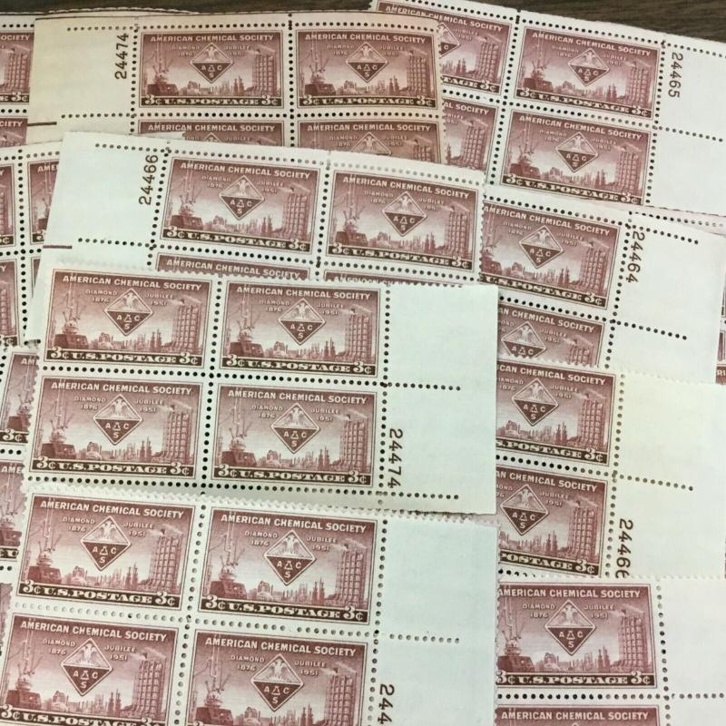 1002     Chemical Society.     25 MNH  3¢ Stamp Plate Blocks.    Issued In 1951.