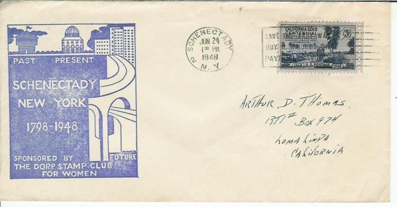 Schenectady NY 150th Anniv 1798-1948 Cachet by Dorp Stamp Club for Women