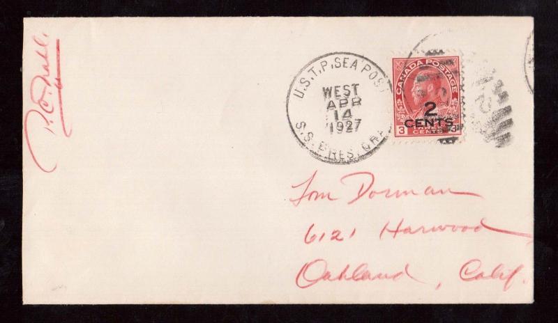 Canada #140 VF Used ON US Seapost Cover To Oakland CA USA