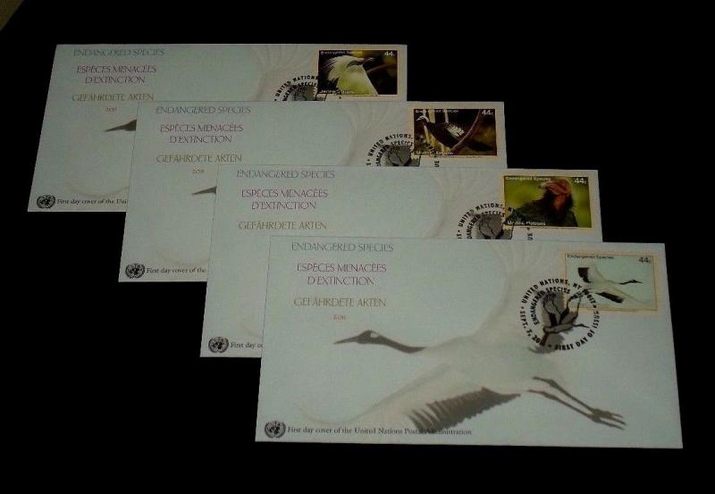 U.N. 2011, NEW YORK, ENDANGERED SPECIES ALL 4 SINGLES ON FDCs,,NICE! LQQK!