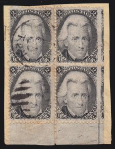 US 73 2c Jackson Used Corner Straddle Margin Block 4 on Piece F-VF appr SCV$1350