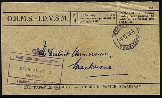 SWAZILAND 1949 OHMS cover Finance Dept Mbabane to Mankaiana................23627