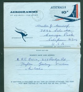 Australia 1965. Aerogramme 10d. Postal Used. Adr: CA.USA