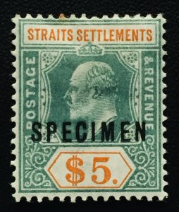 Malaya 1902 SPECIMEN opt Straits Settlements KEVII $5 MH Crown CA SG#121s M2474