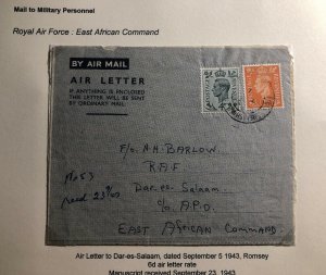 1943 England Air Letter Cover To Royal Navy Air Force Dar Es Salaam Tanganyika