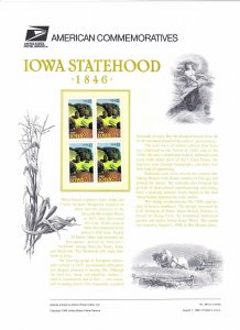 USPS Commemorative Panel 494 #3088 Iowa Statehood Mint Block/4 1996