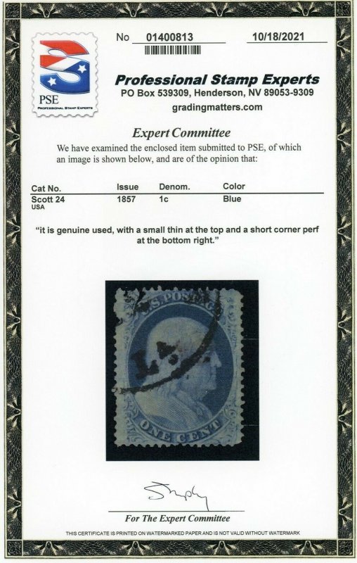 US Stamp #24 Franklin 1c - PSE Cert - Used