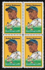 1982 Jackie Robinson Block Of 4 20c Postage Stamps, Sc 2016, MNH, OG