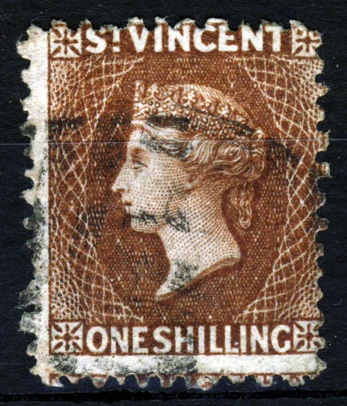 ST. VINCENT QV 1869 One Shilling Brown No Watermark Rough Perf.12 SG 14 VFU