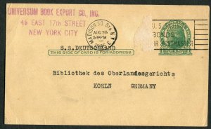 1935 New York NY to Cologne Germany Postal Card S.S. Deutschland Law Library