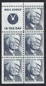 United States 1280a 2¢ Frank Lloyd Wright. Booklet pane of 5. Mail Early. MNH