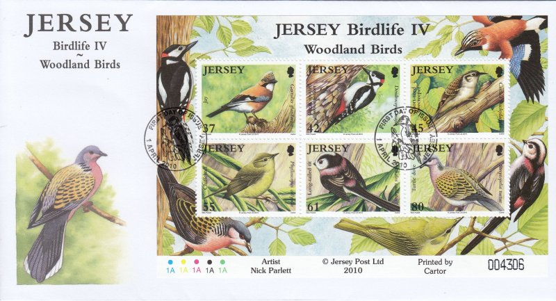 Jersey 2010 Woodland Birds Souvenir Sheet on official FDC