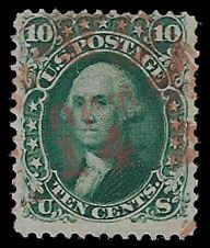 U.S. #62B Used - red cancel; 10c Washington - Dark Green (1861)
