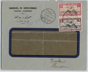 Egypt 1938 Alexandria D-1 15mils Rate Airmail Cover to London England