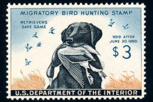 US RW26 $3 1959 Hunting Permit Stamp Labrador Retriever with Mallard Drake VF NH