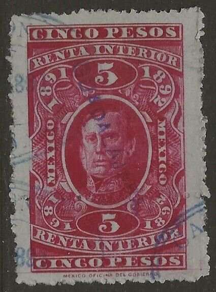 Mexico Revenue 1891-92 Renta Interior Arista 5P Carmine VF Used CV 8.00