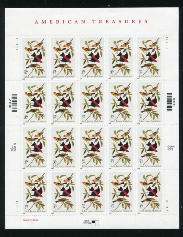 3650 James Audubon Sheet of 20 37¢ Stamps MNH
