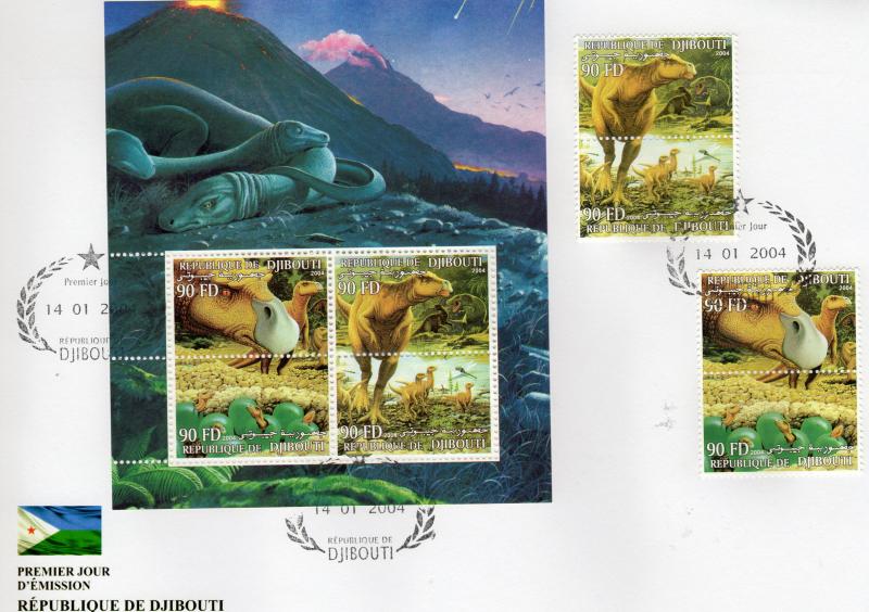 Djibouti 2004 DINOSAURS-PREHISTORIC ANIMALS Set + Sheetlet  Perforated FDC