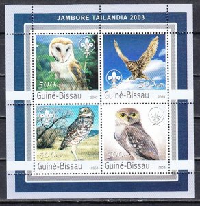 Guinea Bissau, Mi Cat. 2041-2044 A, Owls sheet of 4. Scout Logo.