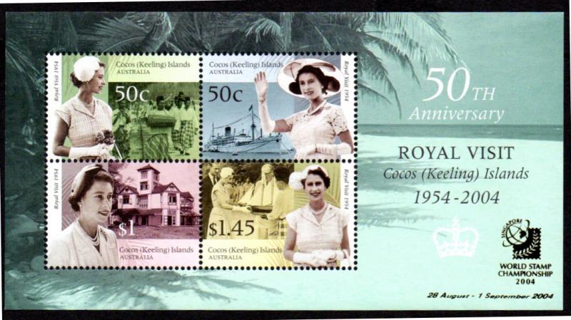 COCOS ISLAND 340a MH S/S SCV $10.00 BIN $4.50 ROYAL VISIT, STAMP EXPO