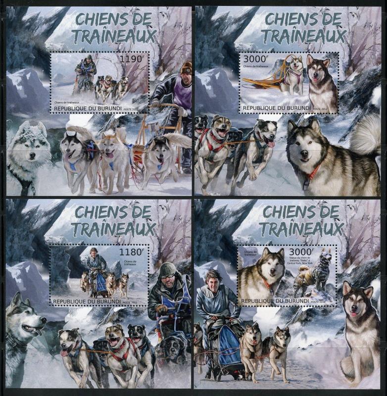 BURUNDI 2012 SLED DOGS HUSKIES  SET OF FOUR DELUXE  SOUVENIR SHEETS  MINT NH