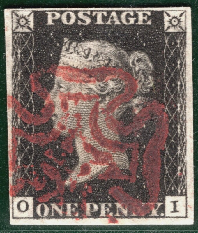 PENNY INTENSE BLACK 1840 QV Stamp SG.1 1d Plate 8 (OI) Super *MAROON* MX REDG14