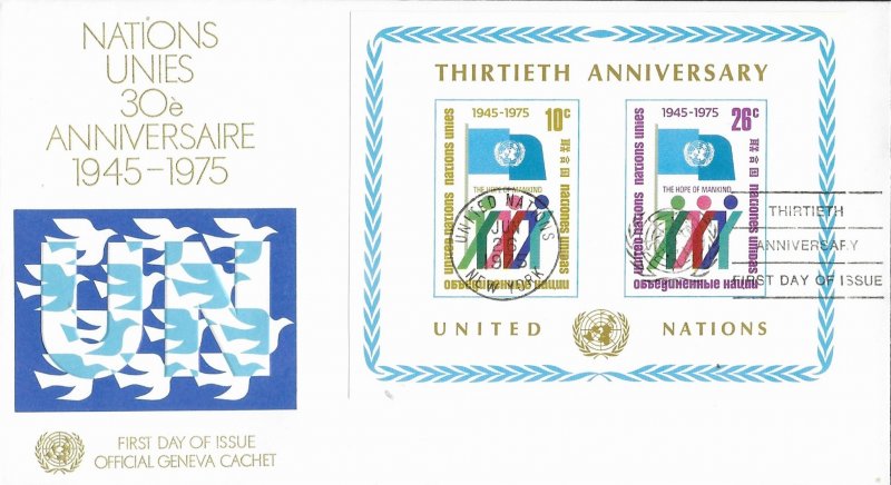 1975 FDC, #262 (NY), 30th Anniversary S/S, Official Geneva