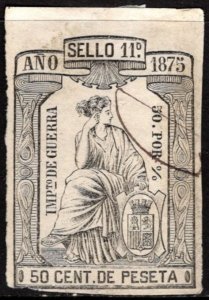 1875 Spain Revenue Sello 11 50 Cent. De Peseta King Alfonso XII War Tax