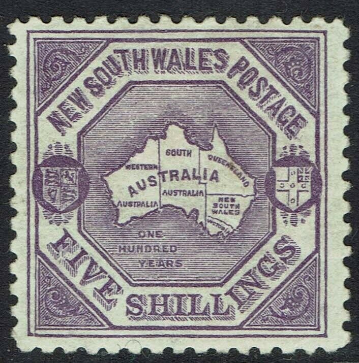 NEW SOUTH WALES 1890 MAP 5/- WMK 5/- NSW IN DIAMOND PERF 11 