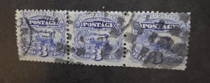 US Scott 114 1869 3c Locomotive Stamp Strip Used Train T19826