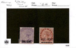 Mauritius, Postage Stamp, #89-90 Mint Hinged, 1893 Queen Victoria